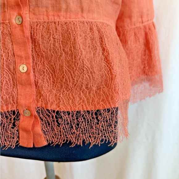 120% Lino Orange Linen Top W/ Lace Trim - Size 42 - US Small NWOT - Picture 2 of 6